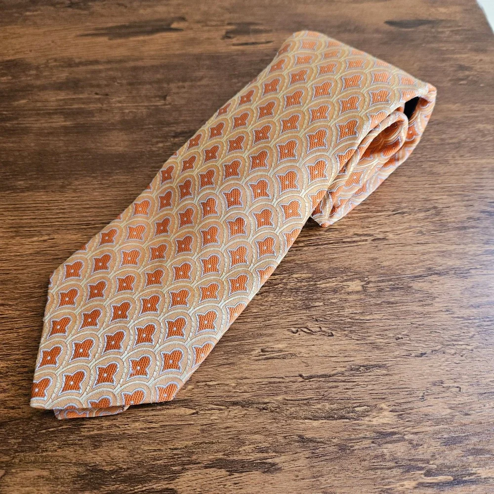 Ted Baker London Mens Orange Scalloped Ogee Jacquard Pattern Silk Necktie USA - Picture 2 of 7